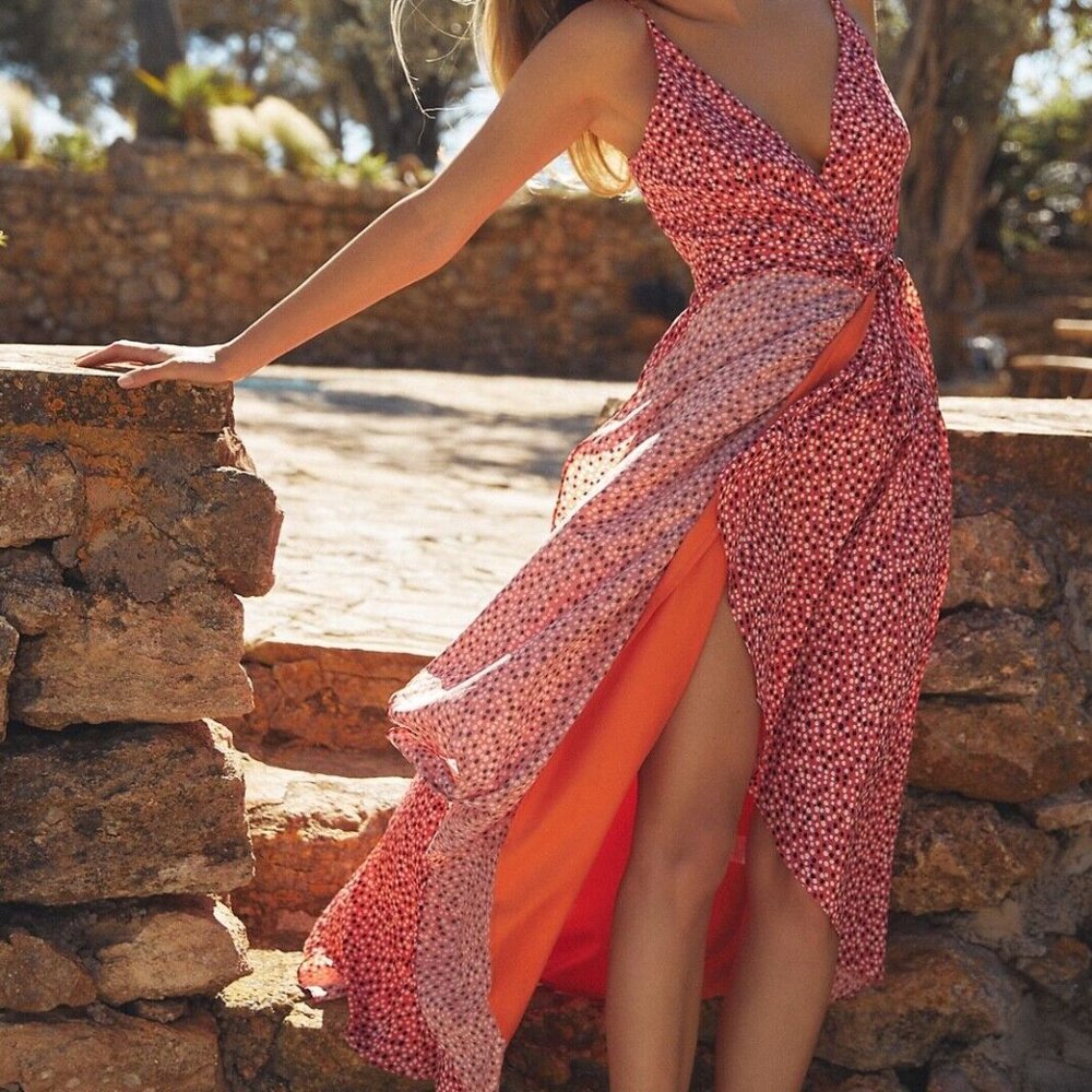 Anthropologie Hutch Flutter Wrap long Dress XS flowy lined orange pink white dot - Picture 9 of 9